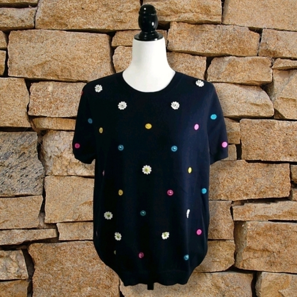 Leo & Ugo Women's Sweater Size 8 US 100% Cotton Knit Polka Dot Flowers